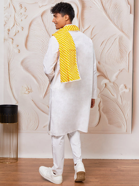 Men's White Cotton Kurta,Pyjama And Dupatta Set